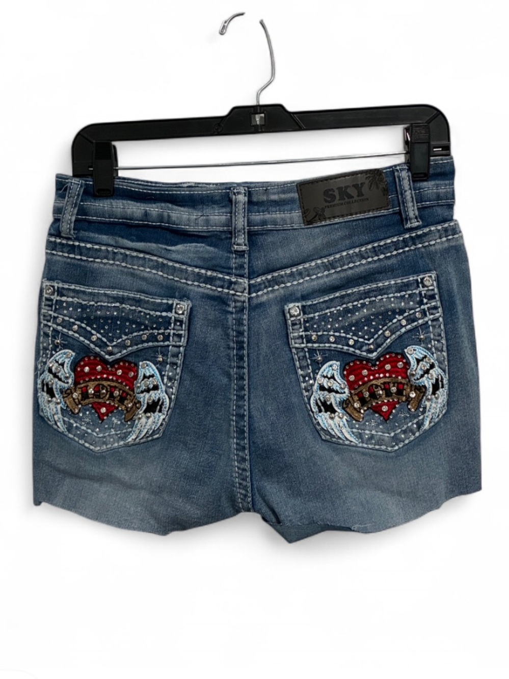 Sky Embroidered Heart & Wing Rhinestone Accents Denim Cut Off Shorts